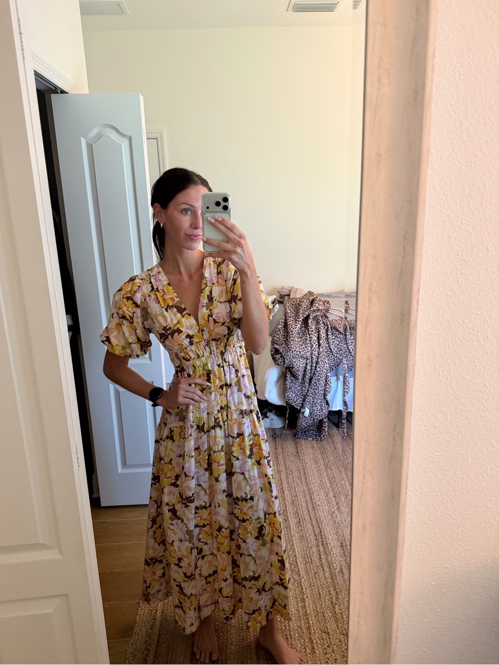 Mink pink Floral Yellow Midi Dress with Puff Sleeves
